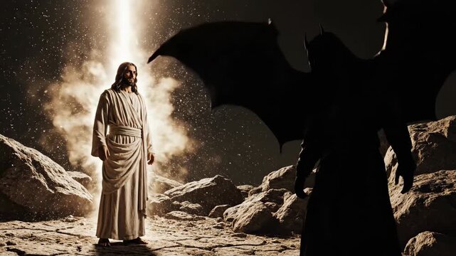 Christ stands with a radiant light, facing a dark figure with wings, a portrayal of good versus evil in a biblical scene