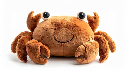 Plush, cartoon-like crab toy on white background with big eyes
