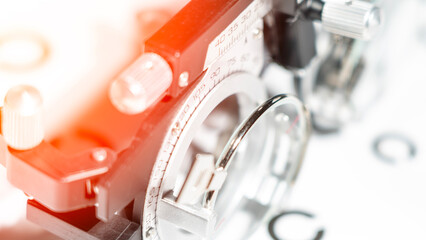 A trial eyeglass frame for monitoring the patient's vision. Optometry vision test. High quality photo