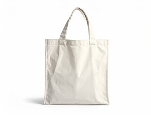 A simple, off-white cloth tote bag, empty, against a bright background