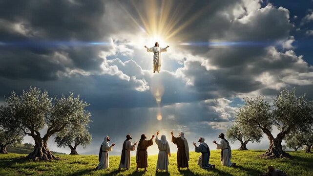 Jesus Christ ascending into heaven from a grassy hill with olive trees, observed by a group of men, concept of ascension