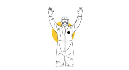 Person in a full white protective hazmat suit with a gas mask raising their hands in front of a yellow sun-like circle.