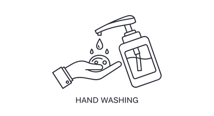 Line art illustration of a hand receiving liquid soap from a pump bottle with the words hand washing at the base of it.