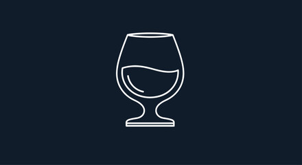 Minimalist line drawing of a glass of amber liquid like brandy or whiskey on a dark background for a sophisticated bar.
