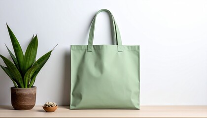 Light green tote bag against white wall with potted plant and small bowl