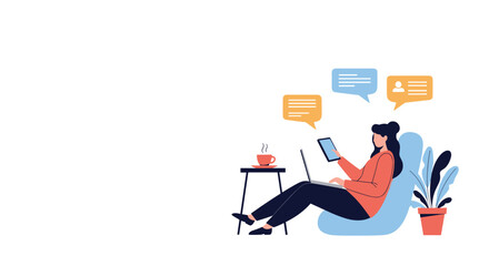 Flat vector illustration of a woman working from home on a laptop and tablet while sitting in a comfy bean bag chair.