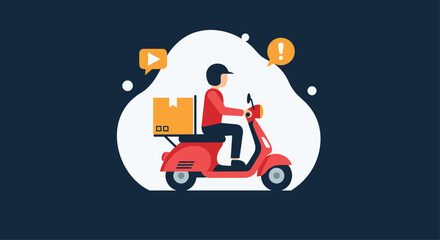 Delivery person wearing a helmet and riding a red scooter with a box on the back for fast food or package destination.