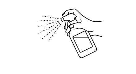 Simple black outline illustration of a hand squeezing a spray bottle to release a mist of liquid for cleaning or cooling.