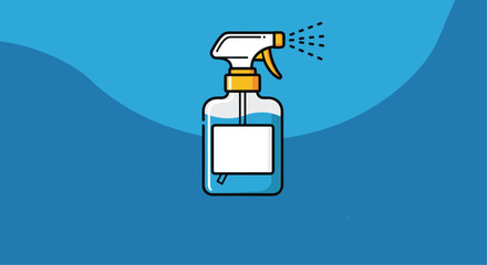 Vector icon of a spray bottle with blue liquid and yellow nozzle against a blue gradient background for household items.