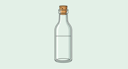 Simple glass bottle filled with a clear liquid and sealed with a brown cork stopper on a light greenish grey backdrop.
