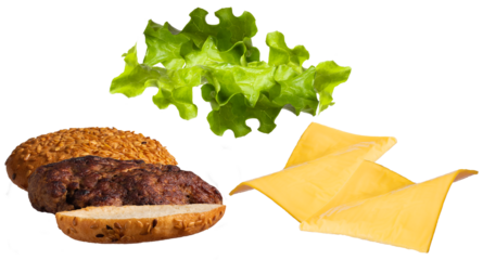 a visually appealing flat lay composition featuring burger ingredients: a sesame seed bun, a grilled beef patty, fresh green lettuce, and slices of yellow cheese, presented on a white background.