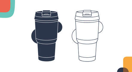 Illustration of a travel mug or coffee tumbler in two styles, solid navy blue and an outline, on an abstract backdrop.