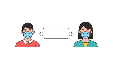 Illustration of a man and a woman wearing face masks and standing at a distance with a blank sign between them for info.