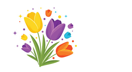 Colorful bouquet of tulips in purple, yellow, and orange with stars and dots around them on white background for spring.