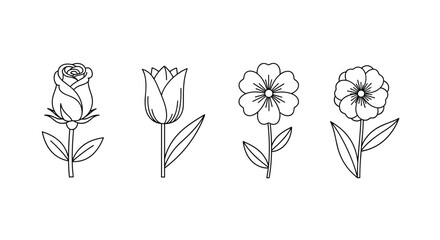 Four different flower outline drawings including a rose, tulip, and generic flowers for botanical or garden sketching.