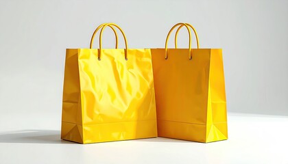 Two yellow shopping bags with handles sit against a white background