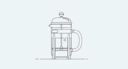 Minimalist outline illustration of a classic French press coffee maker on a light blue background for kitchen concepts.