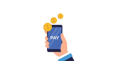 Hand holding a smartphone displaying a pay button with golden coins signifying mobile payment and digital transaction.