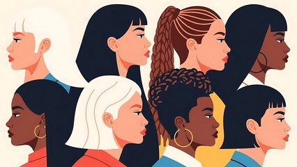 Fototapeta premium A powerful visual representation of diverse women standing together, showcasing unity, strength, and the beauty of multiculturalism and female empowerment through a modern illustrative style