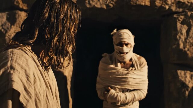 Bearded man with long hair gesturing, speaking, and standing before a man wrapped in burial cloth in darkness