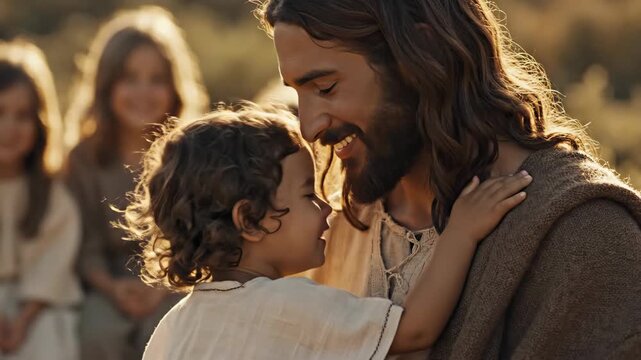 Man in ancient attire interacts lovingly with a child, showing a progression from greeting to a warm embrace in a sunlit outdoors setting.