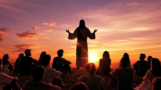 Jesus christ silhouette preaches to people at sunset, religious gathering with many men and women on a hill, biblical parable concept