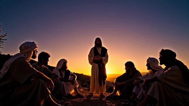 Jesus talking to a group of men sitting on a dirt path with the sunset in the background as the sky darkens