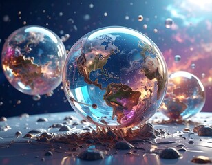 Earth-like orbs hover above a textured, reflective surface, with a cosmic backdrop