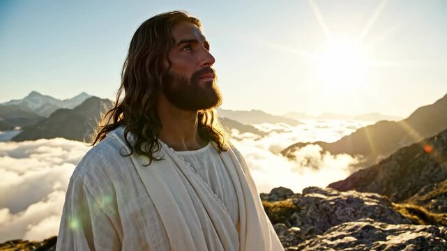 Man with long hair and beard in white robe looking up at the sky over mountains and clouds during sunset. Religious scene.