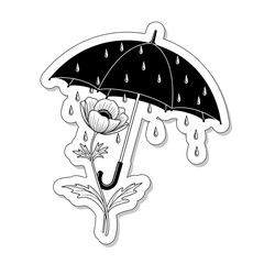 Black umbrella with raindrops and flower isolated on white background