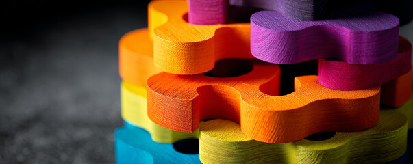 Colorful puzzle piece stack connection, wooden jigsaw teamwork, bright playful creativity on dark background