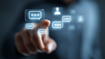 Chat communication digital technology message touchscreen interface virtual finger blur social online internet icon symbol speech bubble