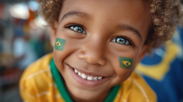 A young child with a green and yellow shirt and blue eyes is smiling