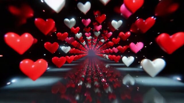 A mesmerizing tunnel of cascading hearts in varied shades of red and pink, creating a romantic atmosphere filled with love and affection, leading to a bright distant light that symbolizes hope and