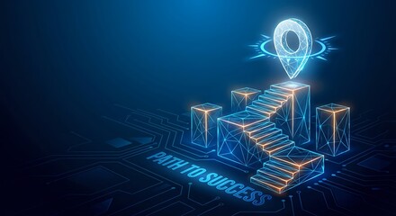 Fototapeta premium Digital path to success with glowing steps leading to a destination pin icon on a futuristic blue background.