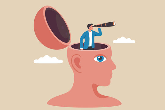 A man looking into the future with a telescope from inside an open human head