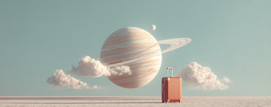 Surreal landscape pastel color planet cloud suitcase travel fantasy dream minimal sky surreal landscape with pastel color planet and floating