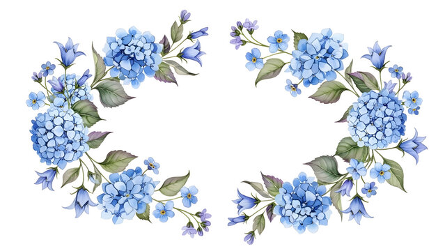 Delicate blue blossoms and green leaves arranged in a decorative oval border