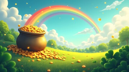 Obraz premium Pot of Gold on Grass with Rainbow and Sunny Sky Background