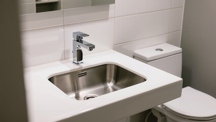Clean public restroom with white tile walls, stainless steel sink and mixer, compact toilet with dual flush, and mirror detail, highlighting hygiene and functional design for public transport spaces