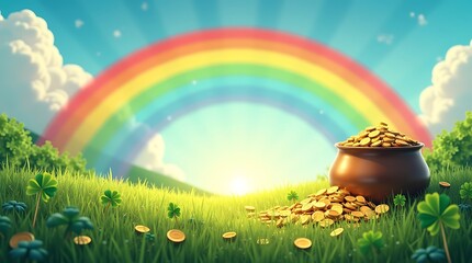 Naklejka premium Pot of Gold on Grass with Rainbow and Sunny Sky Background