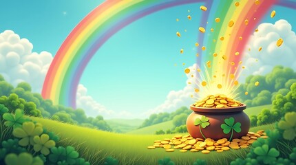 Obraz premium Pot of Gold on Grass with Rainbow and Sunny Sky Background