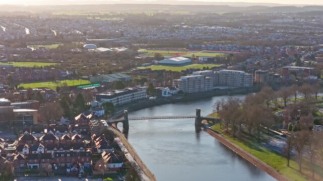 Wilford Suspension Bridge infrastructure crossing River Trent, linking West Bridgford. Rushcliffe, NG2 with Meadows district - Nottingham City, NG11, Nottinghamshire East Midlands UK.
