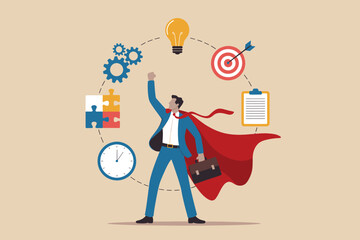 Successful businessman in superhero cape represents strategy, innovation, and goal achievement