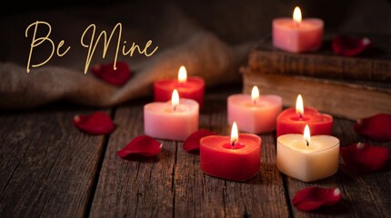 Be mine valentines day candles and rose petals on wooden table with warm lighting
