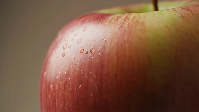 Extreme macro cinematic side-angle of fresh apple skin with subtle water droplets, smooth texture and soft lighting, premium natural freshness visual for food and health branding.