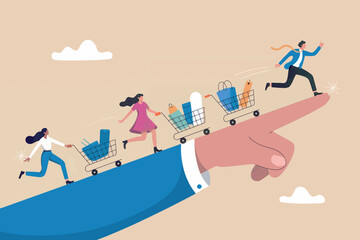 Fototapeta premium Consumers energetically running uphill with shopping carts guided by a giant pointing hand