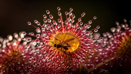 Captivating macro silhouette of a trapped insect on a vibrant red sundew plant with glistening dew drops, backlit against a dark natural background