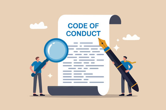 Understanding the code of conduct with magnifying glass and pen