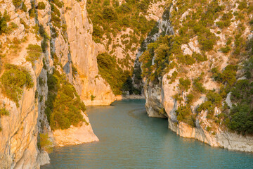 Steep limestone cliffs glow with warm sunlight above emerald green river water in the narrow canyon of the Gorges du Verdon, surrounded by dense shrubs and rugged rock textures.